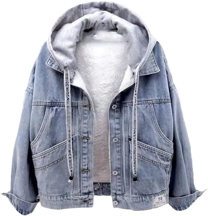 SaoBiiu Women Denim Jacket Blue Hooded Turn-Down Collar Loose Button Patchwork Outwear Female Casual Jean Coat
