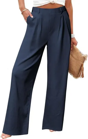 SEMARO Womens Casual High Waisted Linen Pants Wide Leg Lounge Palazzo Trousers Beach Outfits with Pockets
