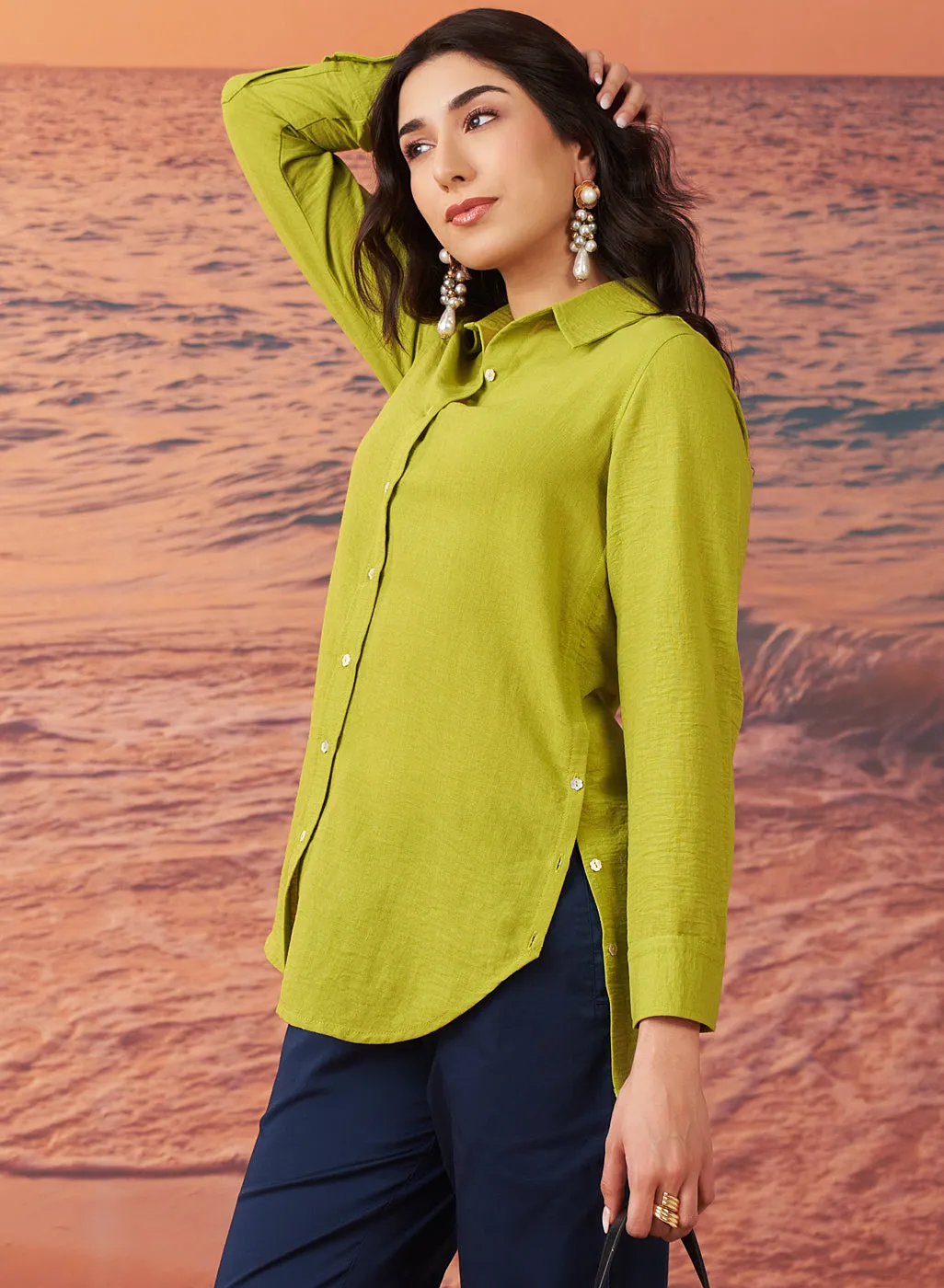 Shanaya Leaf Green Monochrome Cotton Gauze Shirt for Women