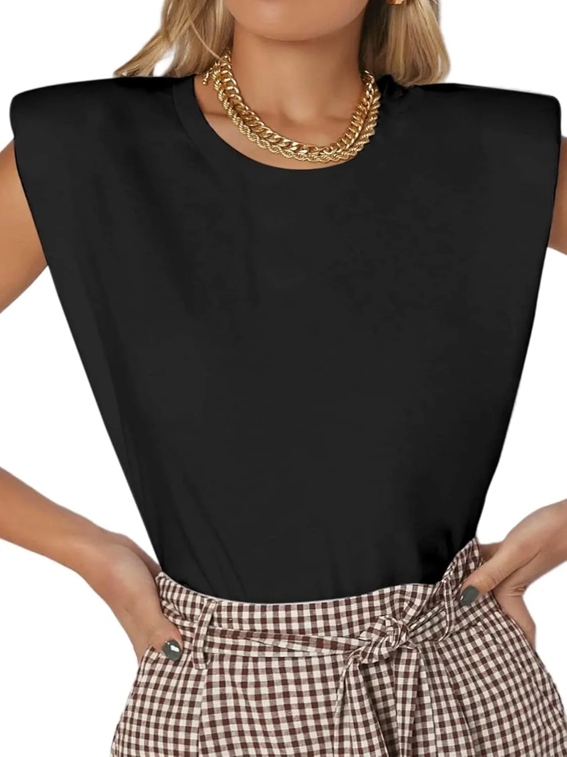 SOFIA'S CHOICE Women's Shoulder Pad Tops Summer Casual Tank Top Round Neck Loose Sleeveless Shirt