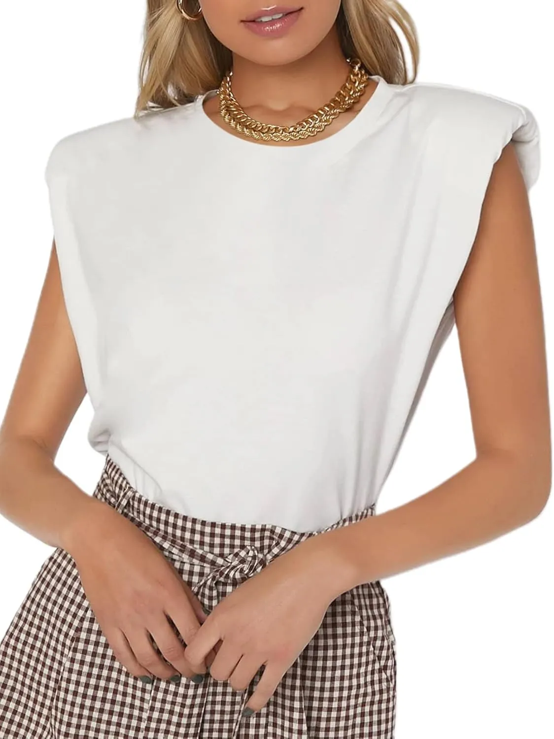 SOFIA'S CHOICE Women's Shoulder Pad Tops Summer Casual Tank Top Round Neck Loose Sleeveless Shirt