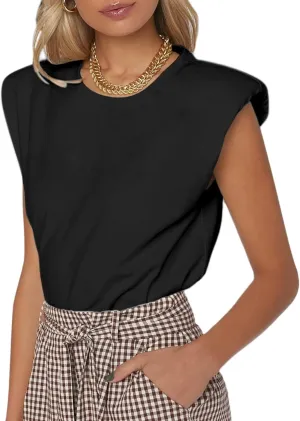 SOFIA'S CHOICE Women's Shoulder Pad Tops Summer Casual Tank Top Round Neck Loose Sleeveless Shirt