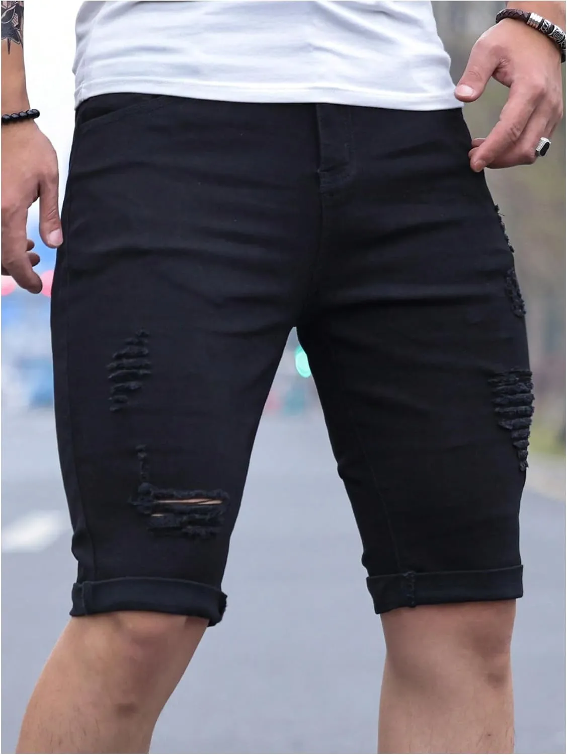 SOLY HUX Men's Distressed Jean Shorts Ripped Bermuda Denims Casual Fitted Streetwear