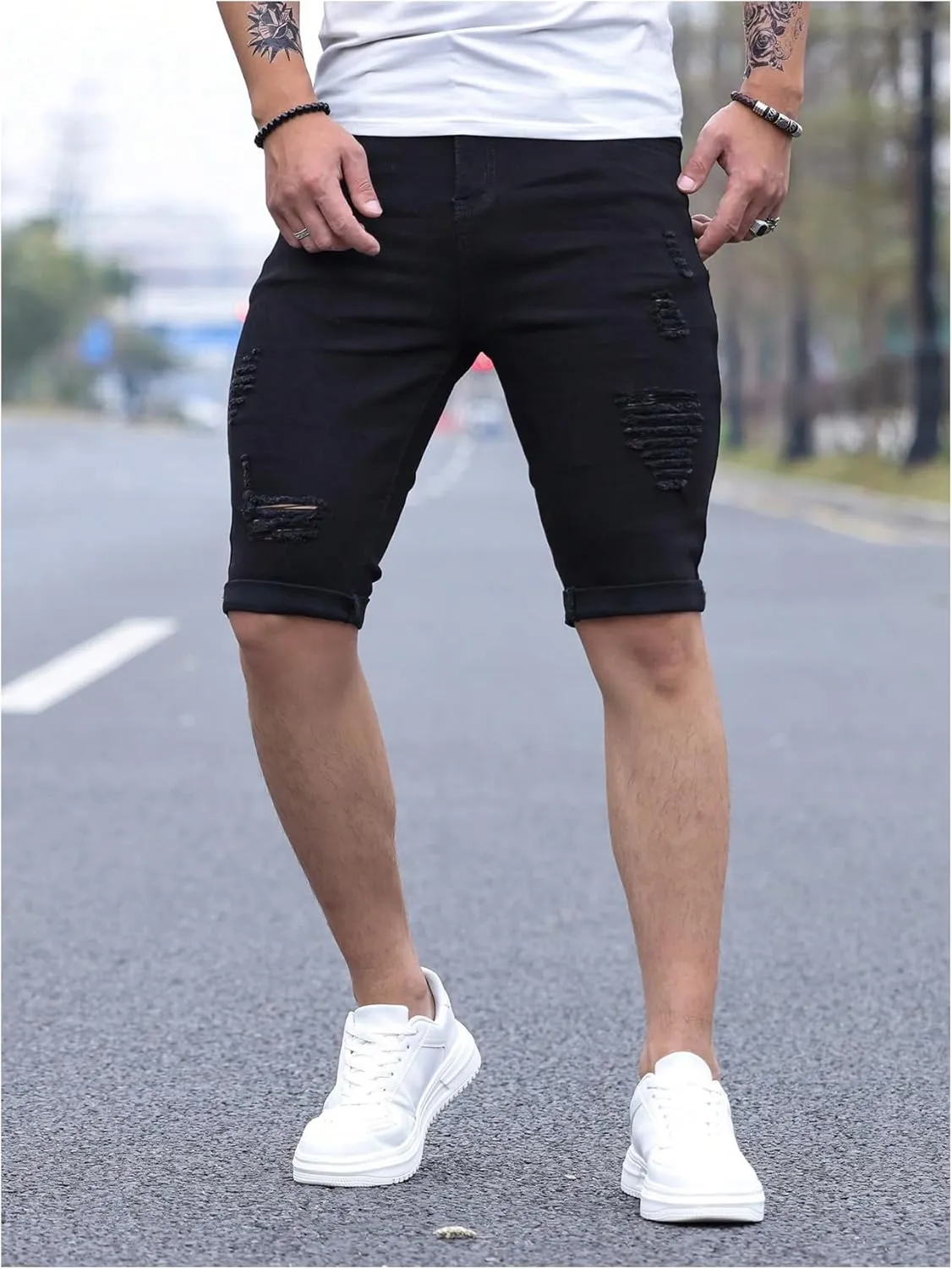 SOLY HUX Men's Distressed Jean Shorts Ripped Bermuda Denims Casual Fitted Streetwear