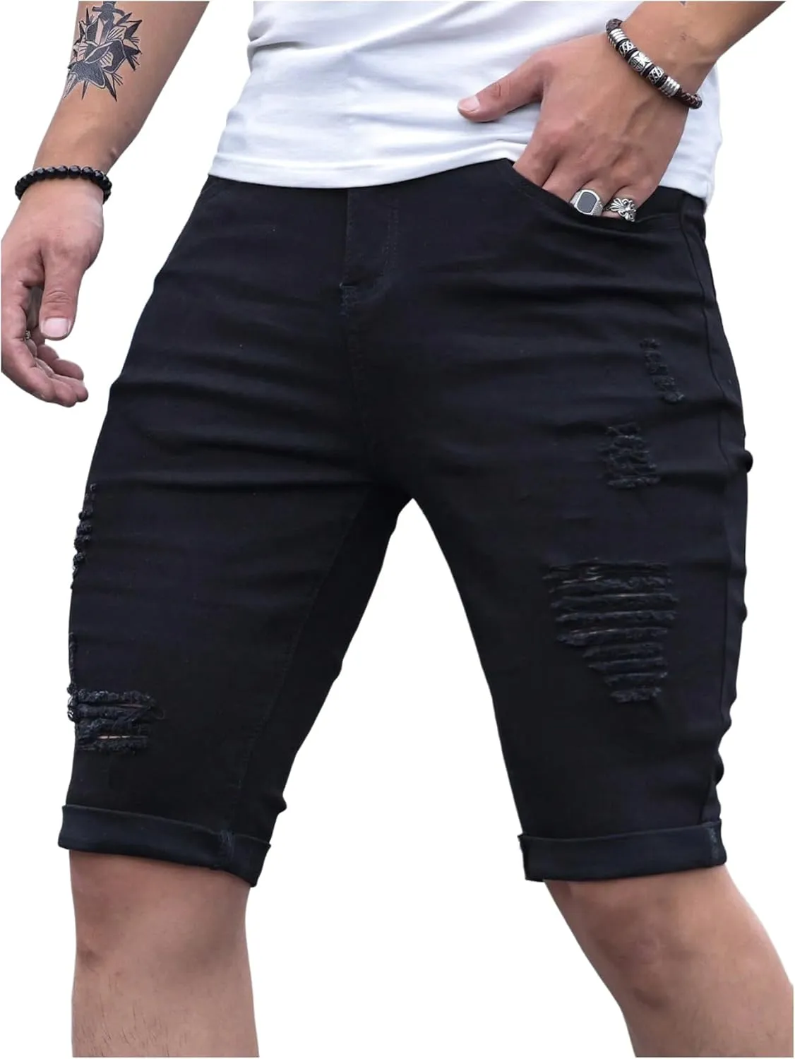 SOLY HUX Men's Distressed Jean Shorts Ripped Bermuda Denims Casual Fitted Streetwear