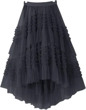 Spring Summer Korean Irregular Meshes Tulle Laciness Midi Long Pleated Skirt Women High Waist A Line Skirt Female