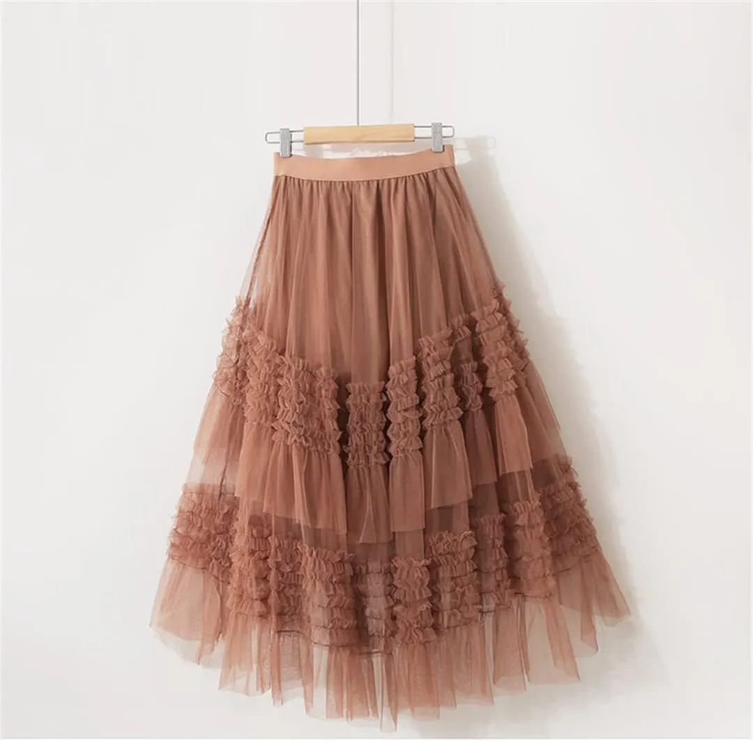 Spring Summer Korean Irregular Meshes Tulle Laciness Midi Long Pleated Skirt Women High Waist A Line Skirt Female