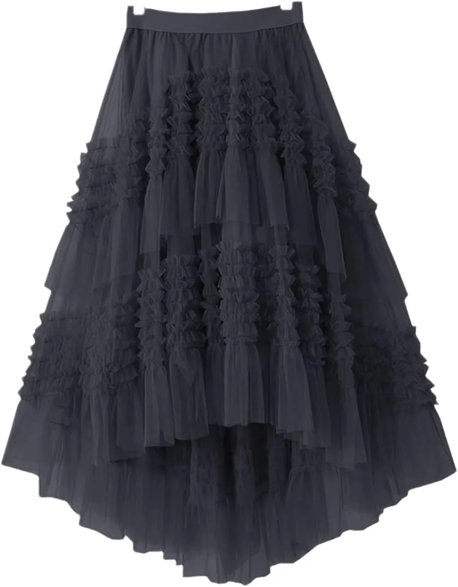Spring Summer Korean Irregular Meshes Tulle Laciness Midi Long Pleated Skirt Women High Waist A Line Skirt Female