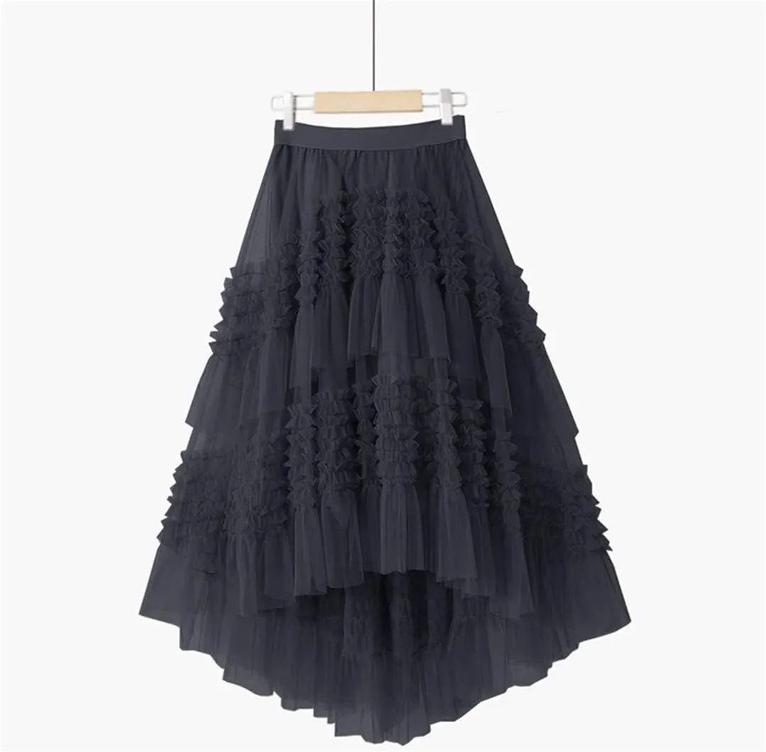 Spring Summer Korean Irregular Meshes Tulle Laciness Midi Long Pleated Skirt Women High Waist A Line Skirt Female