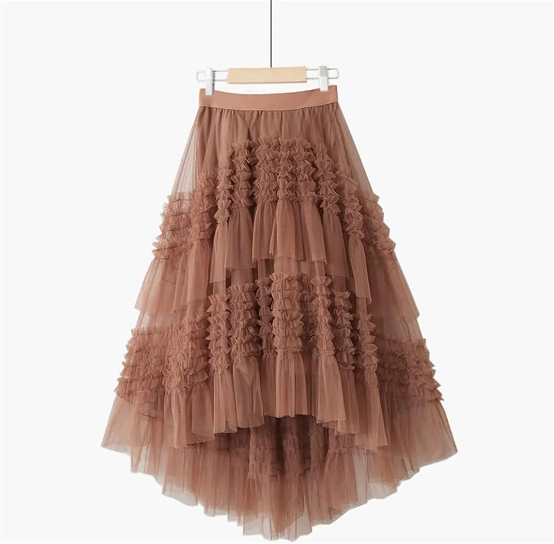 Spring Summer Korean Irregular Meshes Tulle Laciness Midi Long Pleated Skirt Women High Waist A Line Skirt Female