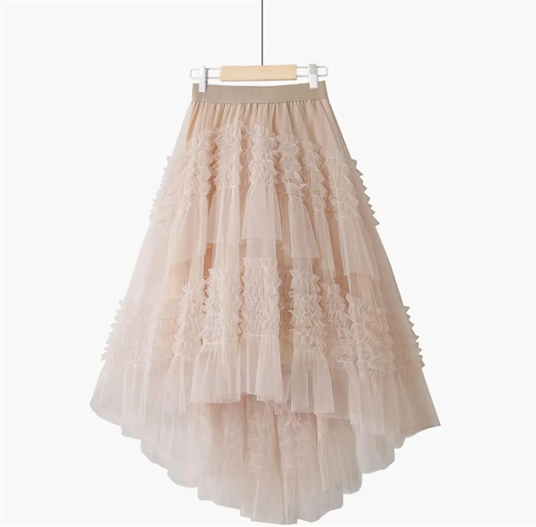 Spring Summer Korean Irregular Meshes Tulle Laciness Midi Long Pleated Skirt Women High Waist A Line Skirt Female