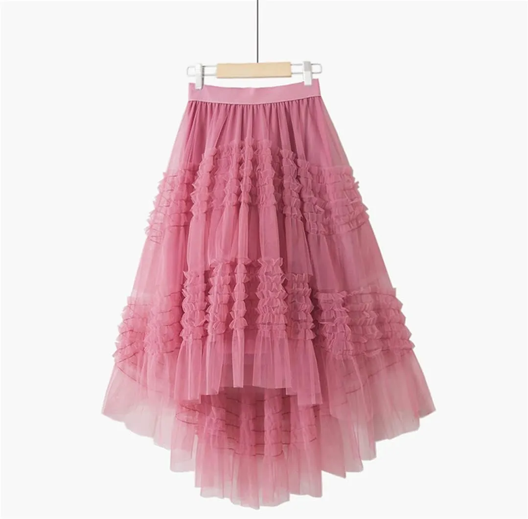 Spring Summer Korean Irregular Meshes Tulle Laciness Midi Long Pleated Skirt Women High Waist A Line Skirt Female