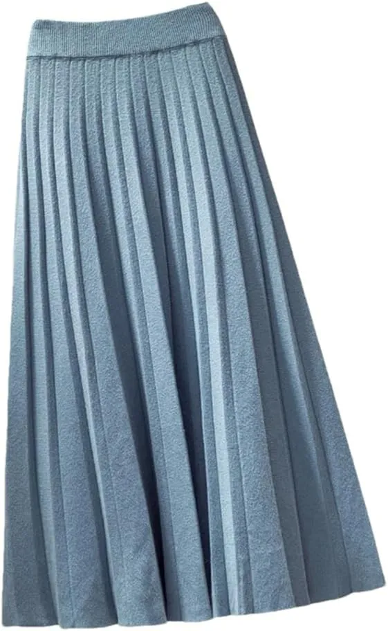 Spring Winter Women Knitted Pleated Midi Skirt Solid Color Loose High Waist Skirts