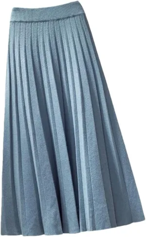 Spring Winter Women Knitted Pleated Midi Skirt Solid Color Loose High Waist Skirts