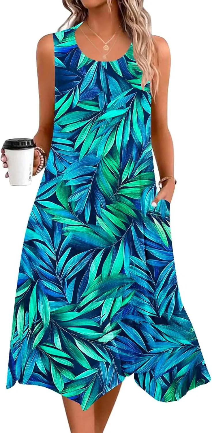Summer Beach Dresses for Women 2025 Boho Floral Midi Tank Dress Sleeveless Flowy Sundress Resort Wear Vacation Outfits