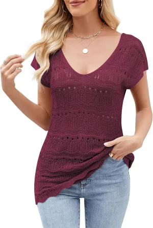 Summer Crochet Tops for Women Short Sleeve V Neck Casual Tank Top Hollow Out Shirts Sweater Vest