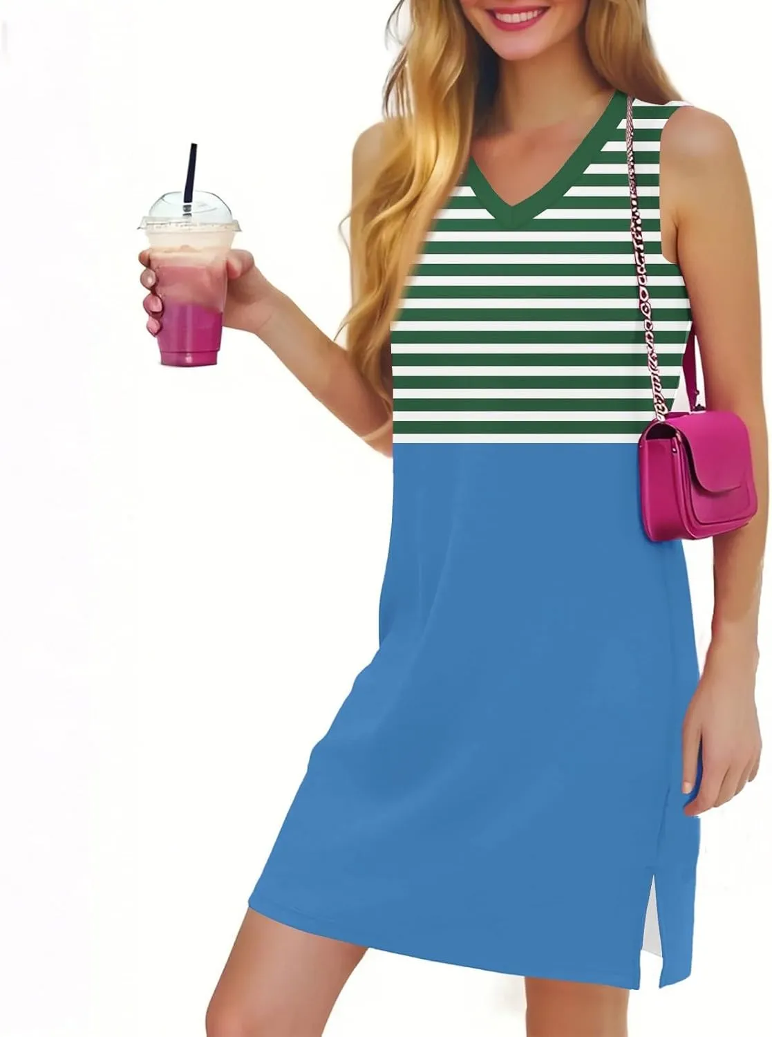 Summer Dresses for Women 2025 Beach Striped Sundresses Casual V Neck T Shirt Dress Sleeveless Loose Tank Dress with Split