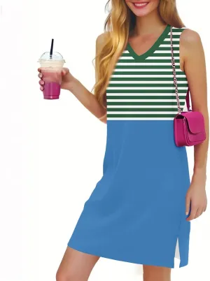 Summer Dresses for Women 2025 Beach Striped Sundresses Casual V Neck T Shirt Dress Sleeveless Loose Tank Dress with Split