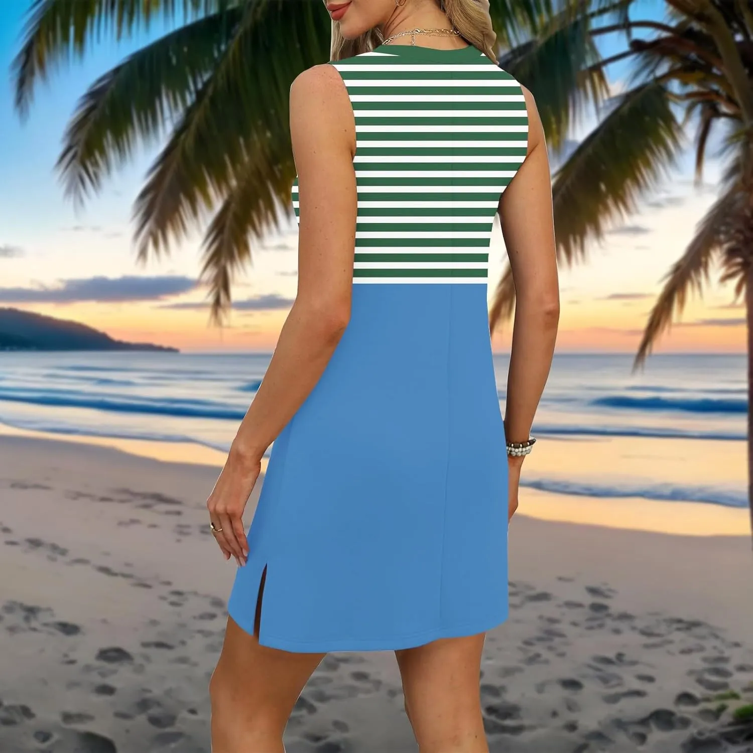 Summer Dresses for Women 2025 Beach Striped Sundresses Casual V Neck T Shirt Dress Sleeveless Loose Tank Dress with Split