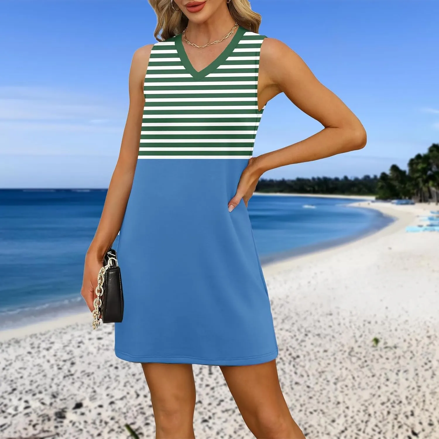 Summer Dresses for Women 2025 Beach Striped Sundresses Casual V Neck T Shirt Dress Sleeveless Loose Tank Dress with Split