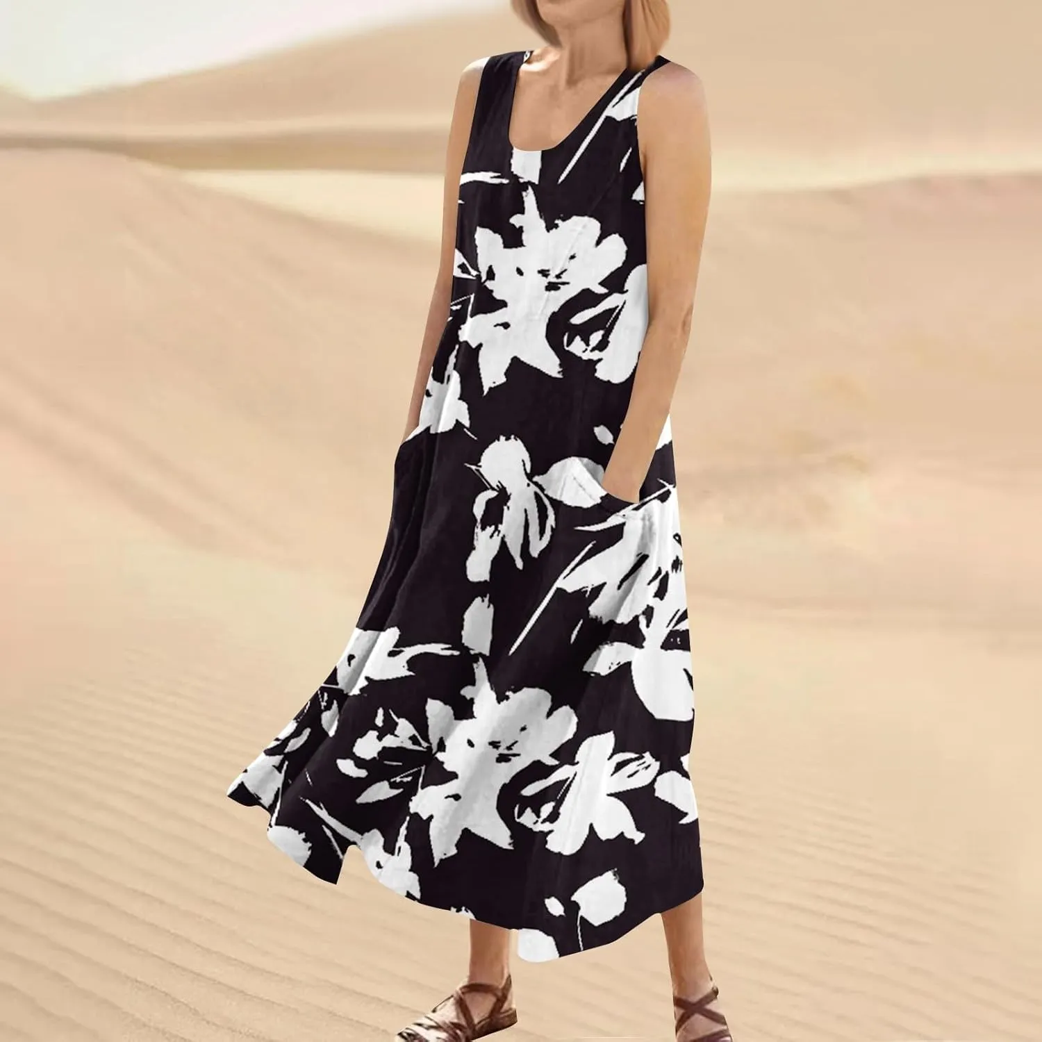 Summer Dresses for Women 2025 Casual Crew Neck Sleeveless Maxi Dress Loose Flowy Floral Beach Sundress with Pockets