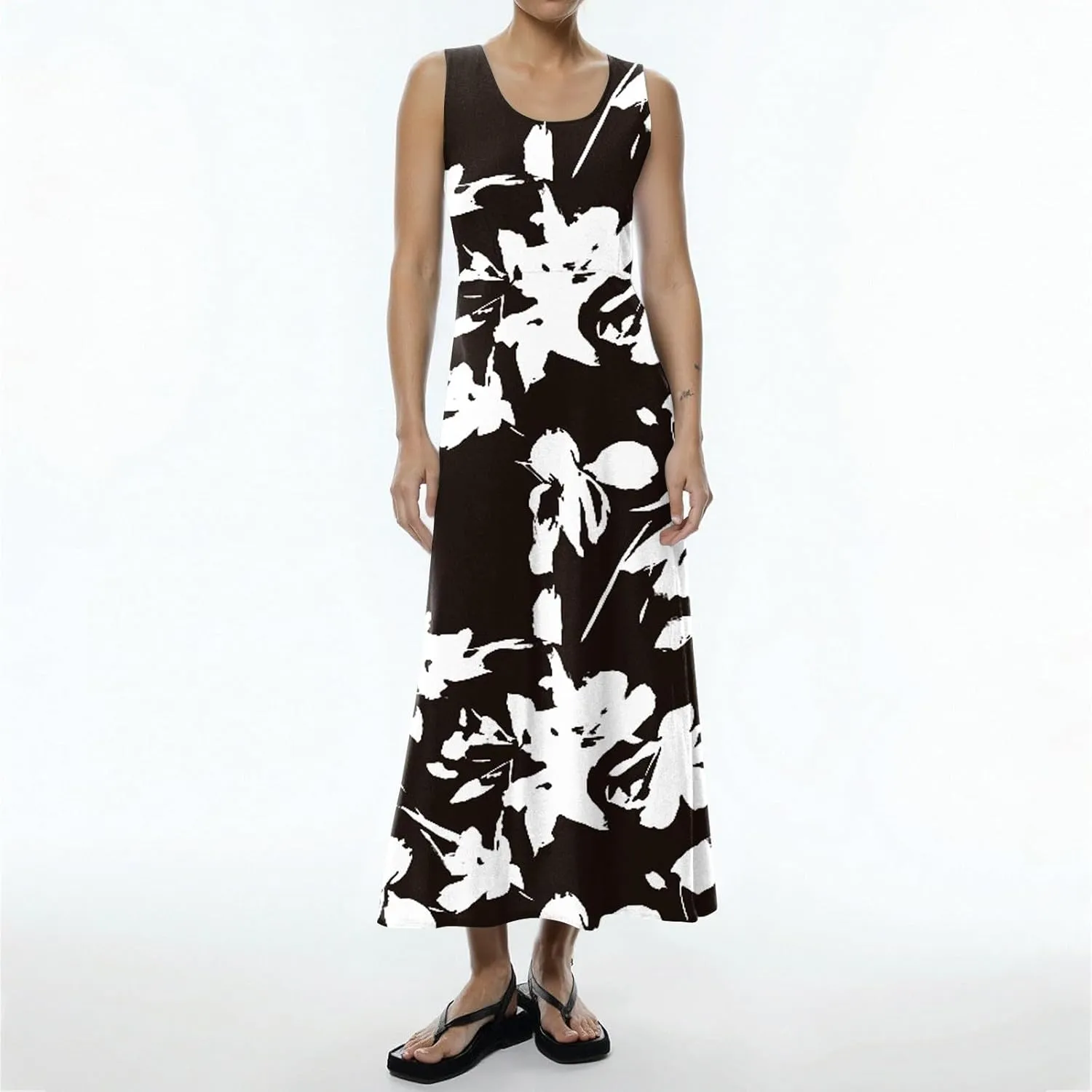 Summer Dresses for Women 2025 Casual Crew Neck Sleeveless Maxi Dress Loose Flowy Floral Beach Sundress with Pockets