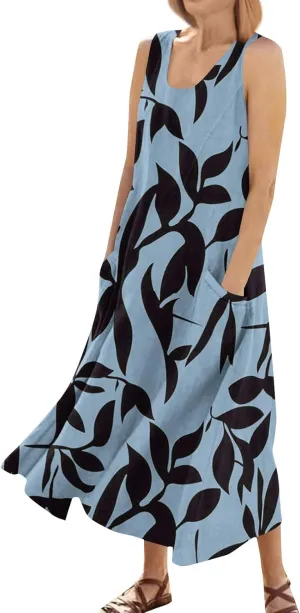 Summer Dresses for Women 2025 Casual Crew Neck Sleeveless Maxi Dress Loose Flowy Floral Beach Sundress with Pockets