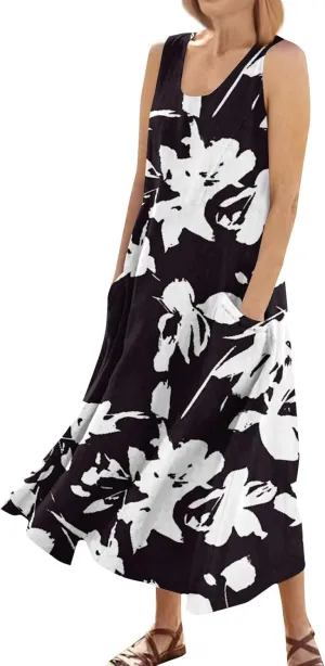 Summer Dresses for Women 2025 Casual Crew Neck Sleeveless Maxi Dress Loose Flowy Floral Beach Sundress with Pockets