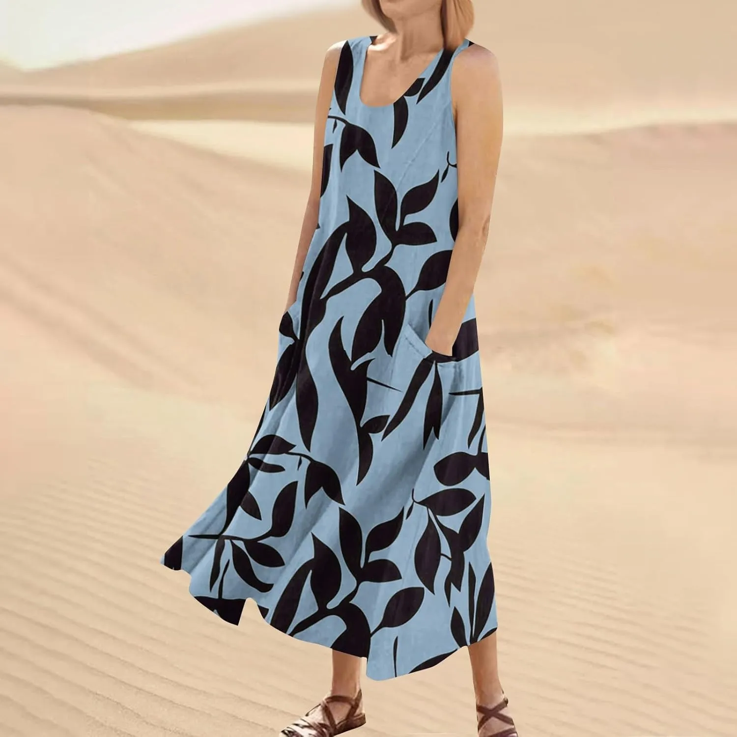 Summer Dresses for Women 2025 Casual Crew Neck Sleeveless Maxi Dress Loose Flowy Floral Beach Sundress with Pockets