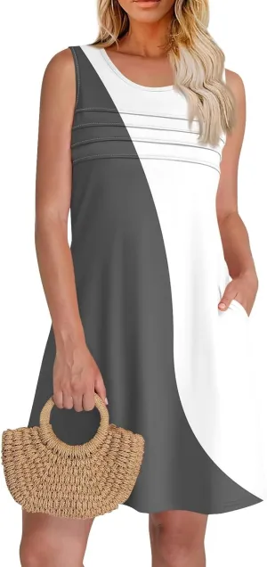 Summer Dresses for Women 2025 Casual Floral Pleated Front Tank Dress O Neck Loose T Shirt Dresses Sleeveless Sundresses