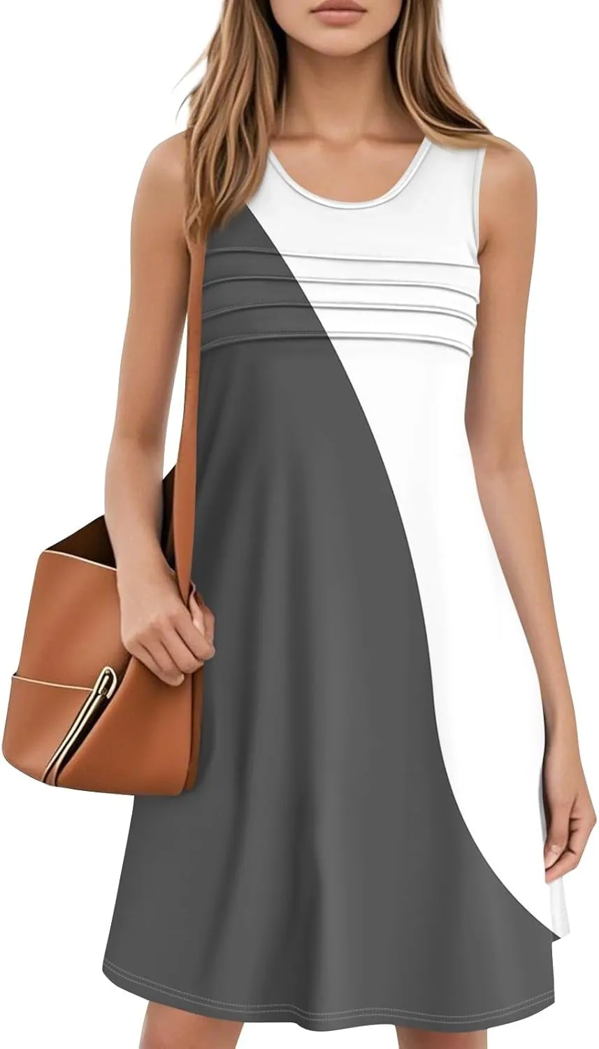 Summer Dresses for Women 2025 Casual Floral Pleated Front Tank Dress O Neck Loose T Shirt Dresses Sleeveless Sundresses