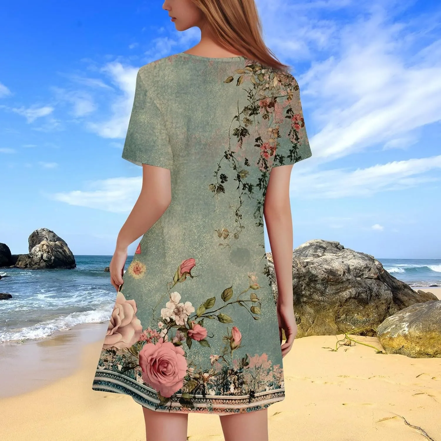 Summer Dresses for Women 2025 Floral A-Line Dresses Casual Flowy Beach Mini Dress Short Sleeve Loose T Shirt Dress