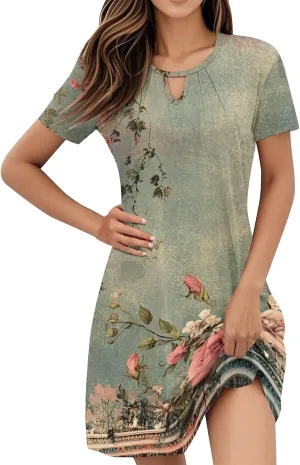 Summer Dresses for Women 2025 Floral A-Line Dresses Casual Flowy Beach Mini Dress Short Sleeve Loose T Shirt Dress