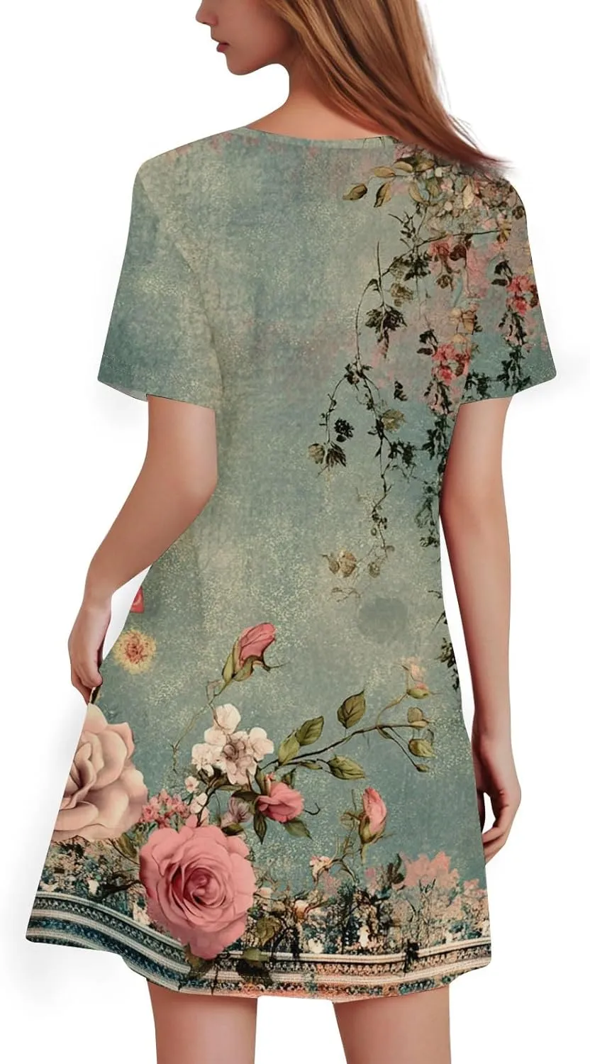 Summer Dresses for Women 2025 Floral A-Line Dresses Casual Flowy Beach Mini Dress Short Sleeve Loose T Shirt Dress