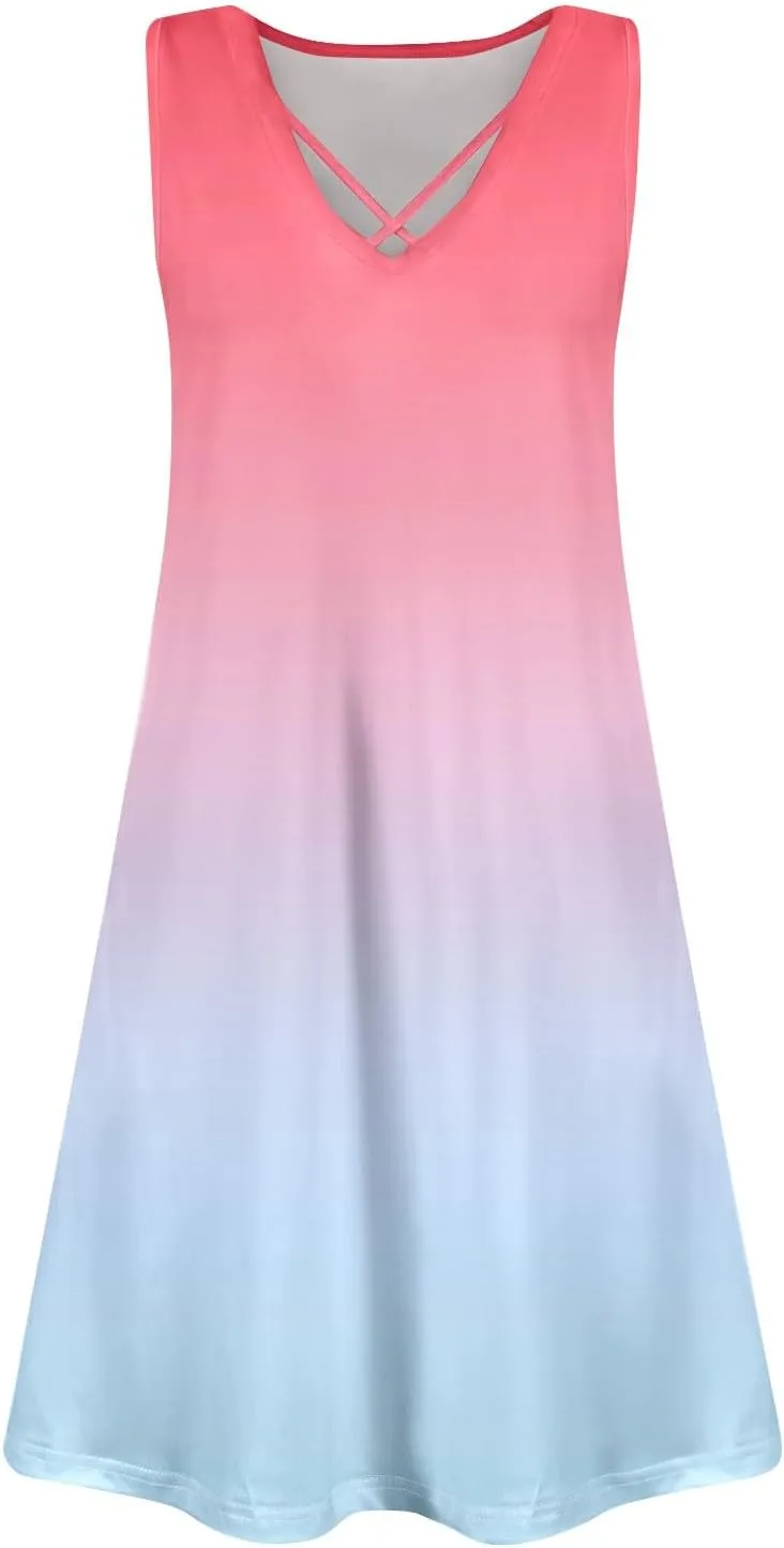 Summer Dresses for Women 2025 Floral Boho Beach T Shirt Dresses V Neck Casual Tank Dress Sleeveless Loose Sundresses