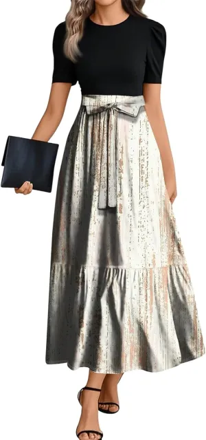 Summer Dresses for Women 2025 Flowy Floral Long Sundress Ruffle Hem a Line Dress Short Sleeve Patchwork Maxi Dress