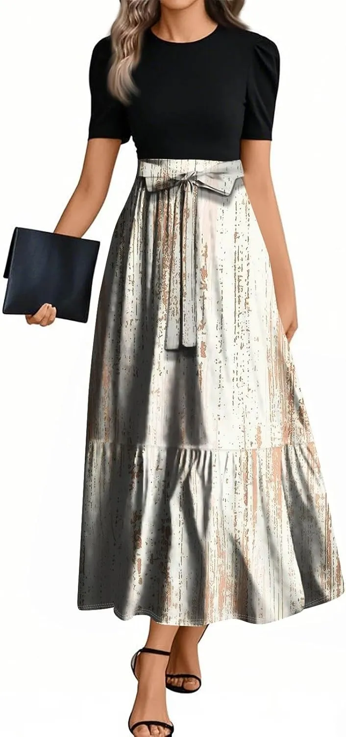 Summer Dresses for Women 2025 Flowy Floral Long Sundress Ruffle Hem a Line Dress Short Sleeve Patchwork Maxi Dress