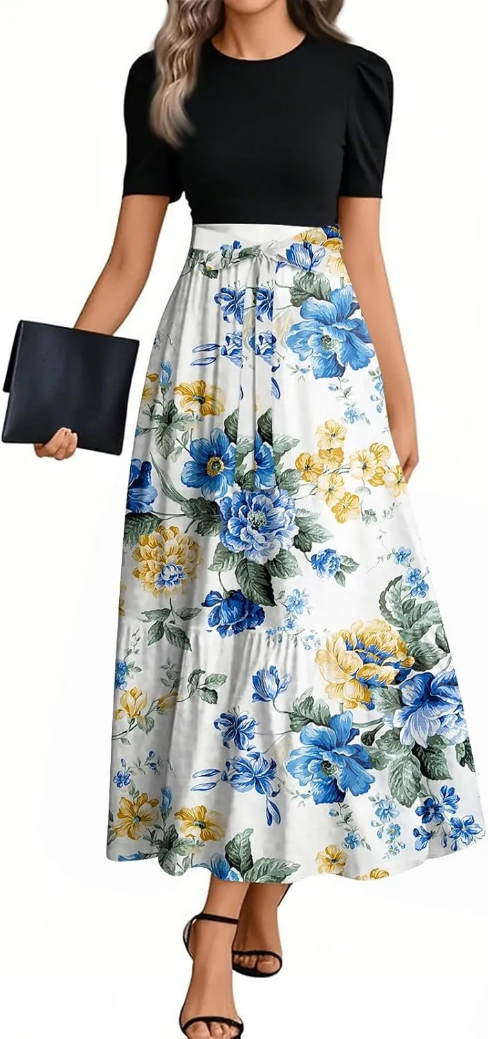 Summer Dresses for Women 2025 Flowy Floral Maxi Dress Patchwork a Line Dress Short Sleeve Ruffle Hem Long Sundress