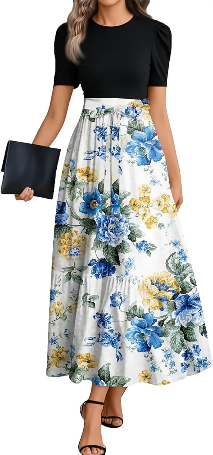 Summer Dresses for Women 2025 Flowy Floral Maxi Dress Patchwork a Line Dress Short Sleeve Ruffle Hem Long Sundress