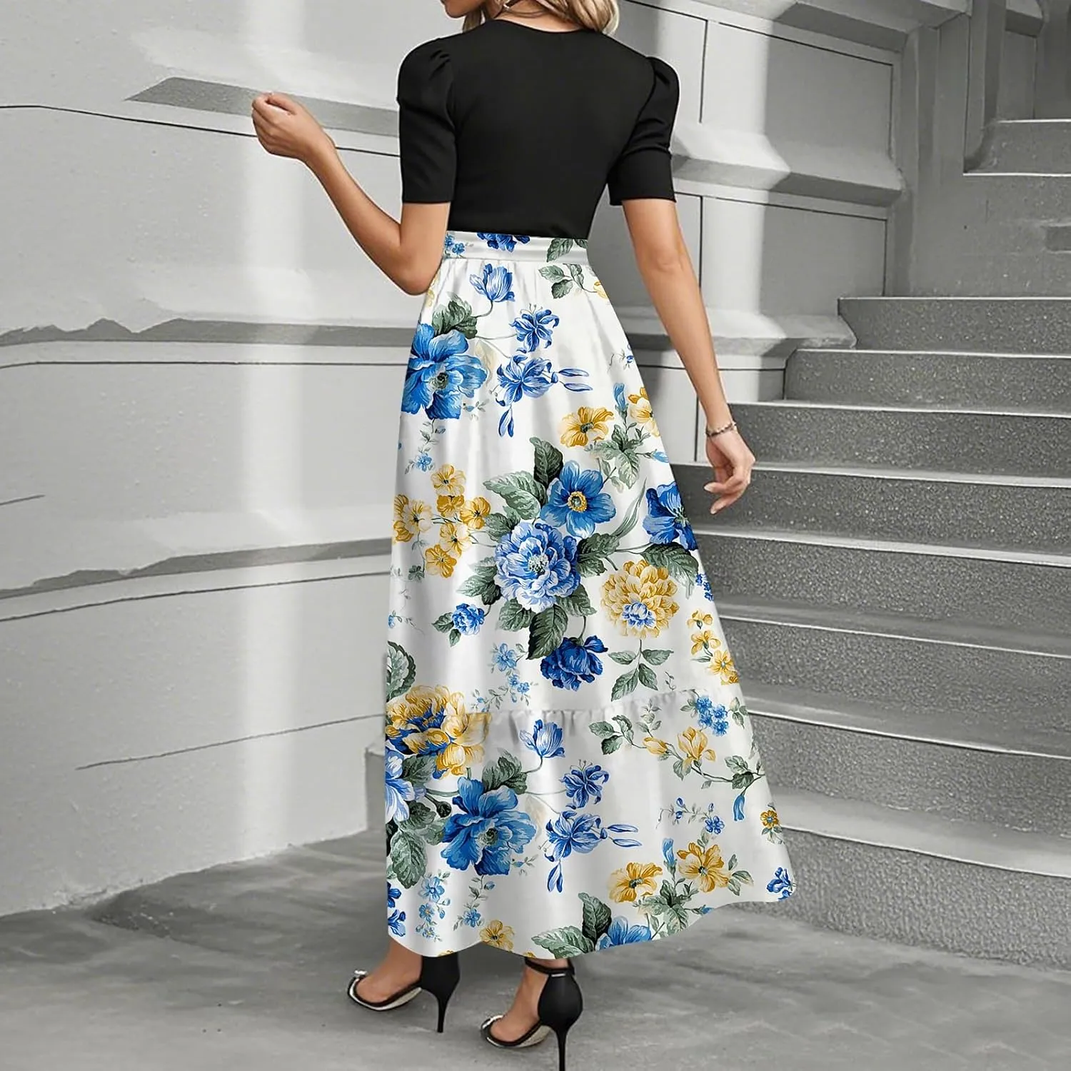 Summer Dresses for Women 2025 Flowy Floral Maxi Dress Patchwork a Line Dress Short Sleeve Ruffle Hem Long Sundress