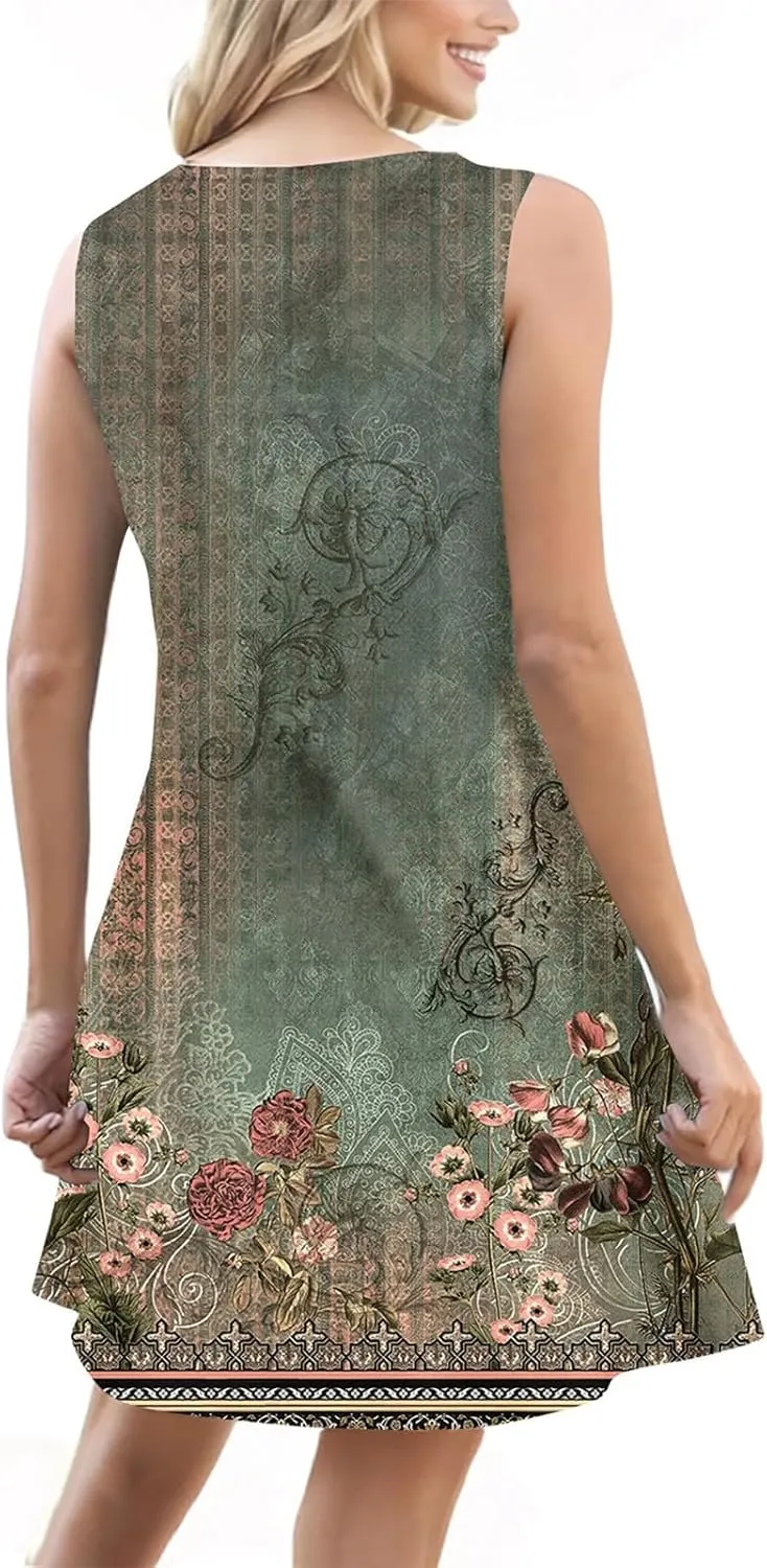 Summer Dresses for Women 2025 Loose Fit Sundress Sleeveless V Neck Beach Vacation Dress Casual Tank Dress with Pockets