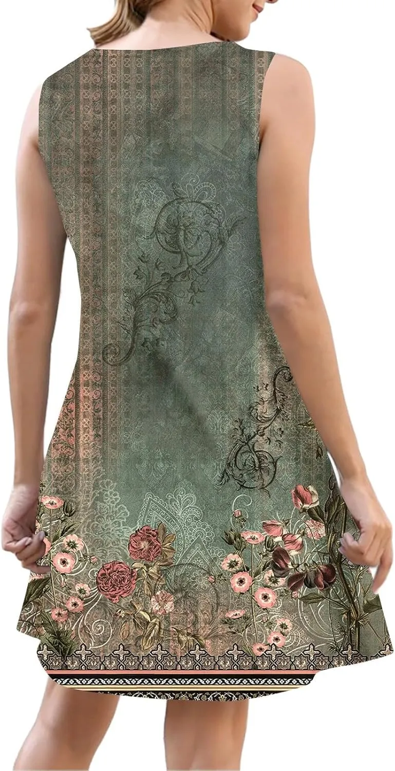 Summer Dresses for Women 2025 Loose Fit Sundress Sleeveless V Neck Beach Vacation Dress Casual Tank Dress with Pockets