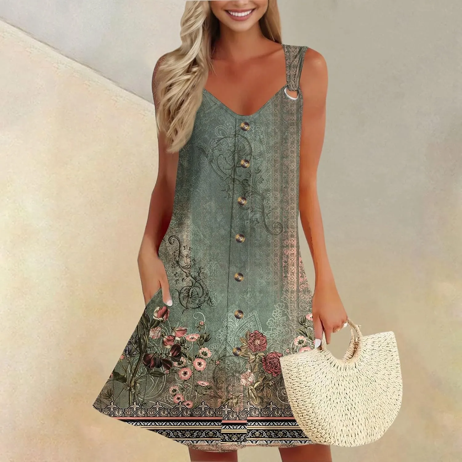 Summer Dresses for Women 2025 Loose Fit Sundress Sleeveless V Neck Beach Vacation Dress Casual Tank Dress with Pockets
