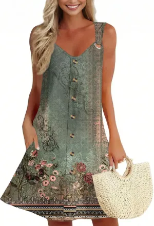 Summer Dresses for Women 2025 Loose Fit Sundress Sleeveless V Neck Beach Vacation Dress Casual Tank Dress with Pockets