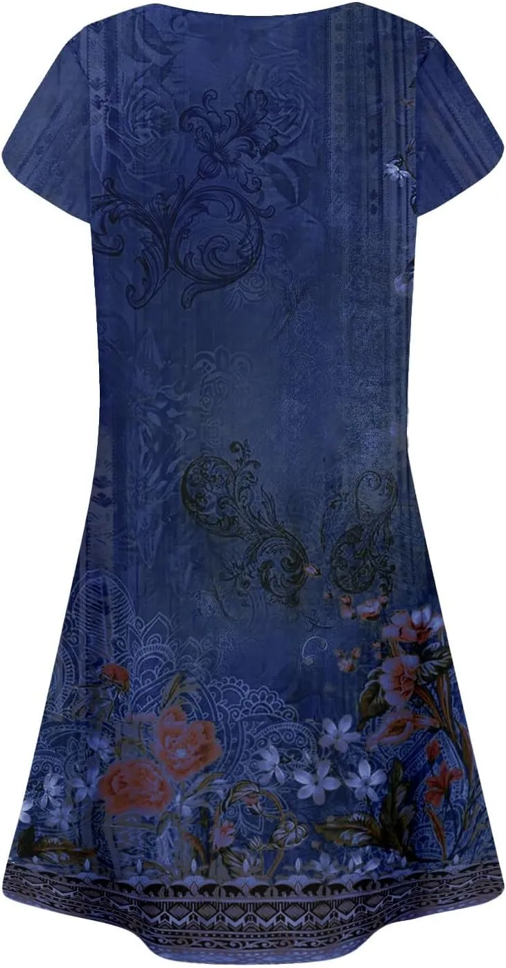 Summer Dresses for Women 2025 Round Neck Floral Short Sleeve Dress Casual T Shirt Dresses Pleated Front Beach Dress