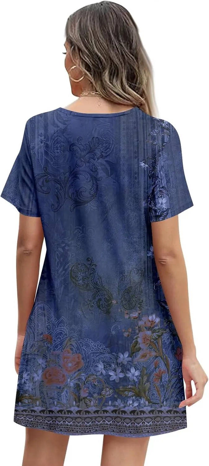 Summer Dresses for Women 2025 Round Neck Floral Short Sleeve Dress Casual T Shirt Dresses Pleated Front Beach Dress