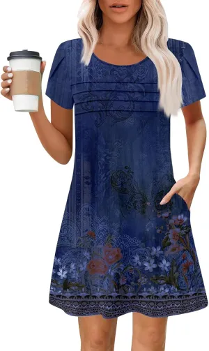 Summer Dresses for Women 2025 Round Neck Floral Short Sleeve Dress Casual T Shirt Dresses Pleated Front Beach Dress