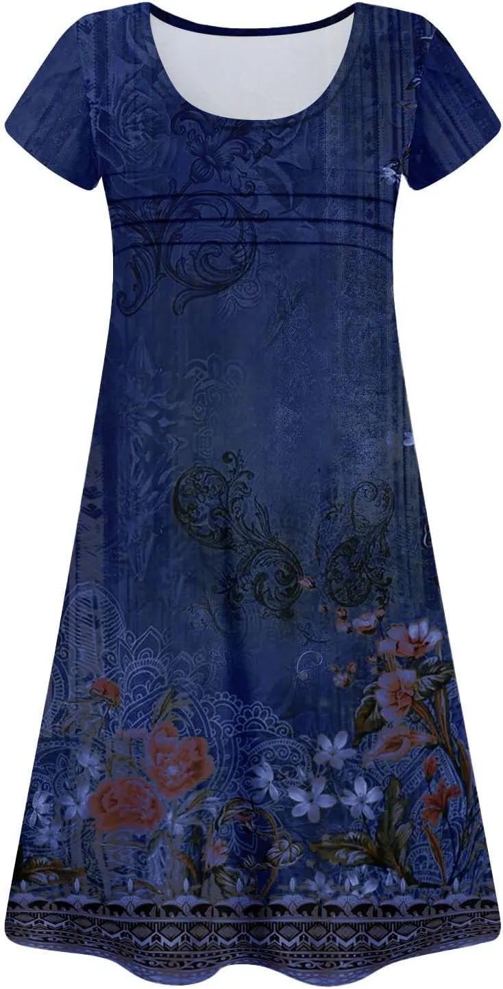 Summer Dresses for Women 2025 Round Neck Floral Short Sleeve Dress Casual T Shirt Dresses Pleated Front Beach Dress