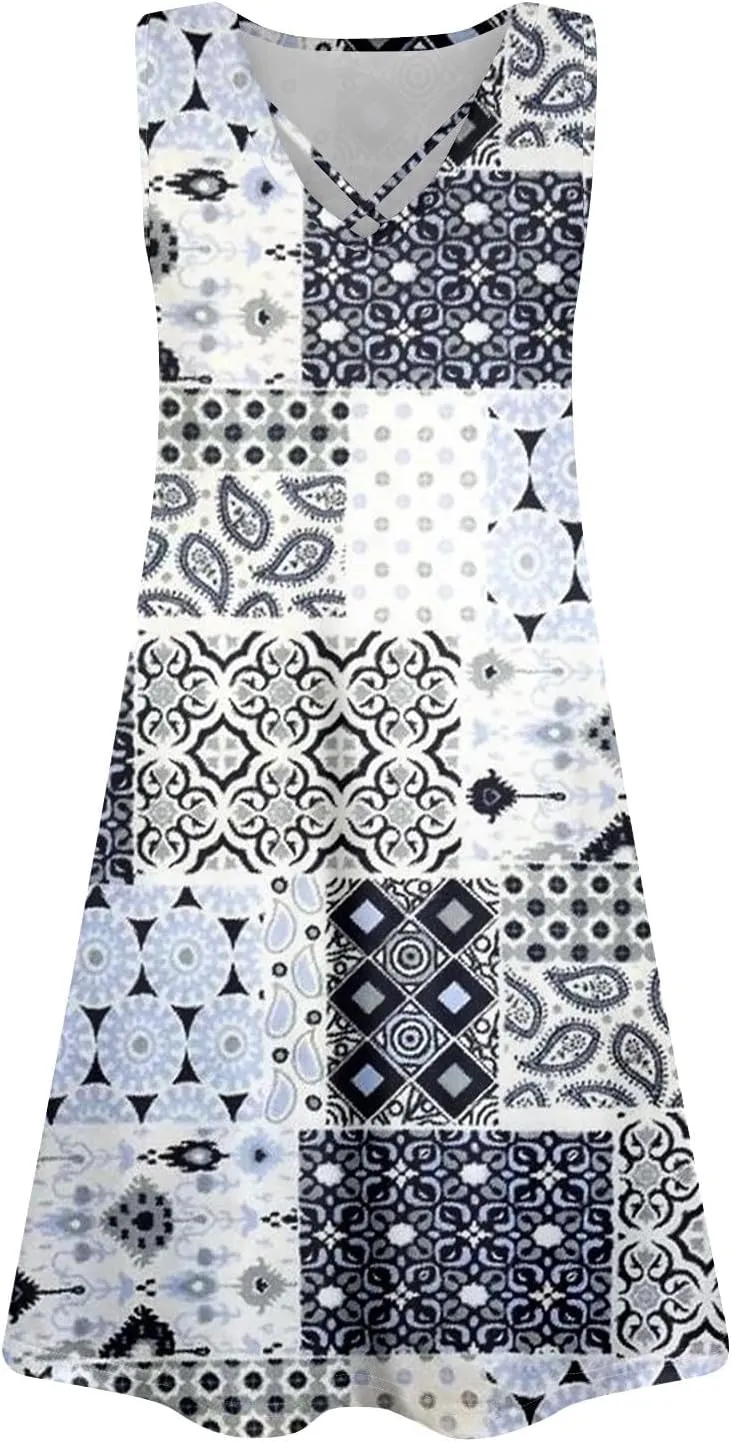 Summer Dresses for Women 2025 Sleeveless Loose Tank Dress V Neck Boho Beach Sundresses Floral Casual T Shirt Dresses