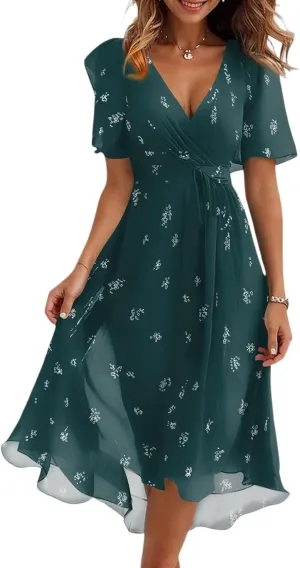 Summer Dresses for Women 2025 V Neck Chiffon Short Sleeve Midi Dress Empire Waist Casual Loose Fit A Line Dress